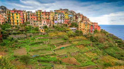 Handdoek met foto Liguria The Cinque Terre village of Corniglia sits on a terraced hillside used for vineyards in the province of La Spezia  © CrackerClips