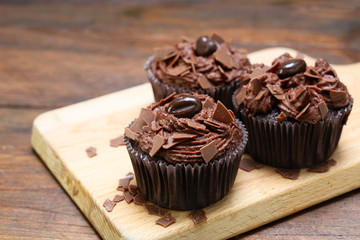 brown cupcakes with cocoa butter cream, garnished with chocolate chips and coffee bean on a rustic wooden board, copy space