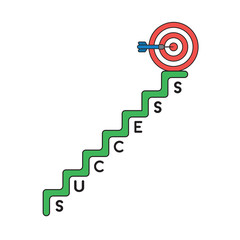 Vector icon concept of bulls eye and dart in the center at top of success stairs.