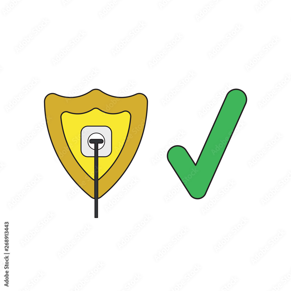 Poster vector icon concept of shield with plug plugged into outlet with check mark.