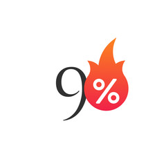 90 percent off with the flame, burning sticker, label or icon. Hot Sale flame and percent sign label, sticker. special offer, big sale, discount percent off. 
