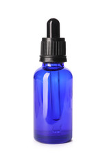 Cosmetic bottle of essential oil on white background