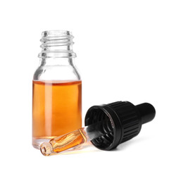 Cosmetic bottle and pipette with essential oil on white background
