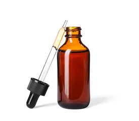 Cosmetic bottle and pipette with essential oil on white background