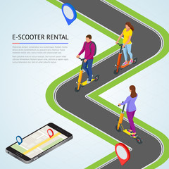 Isometric Electric Scooter on the road. Electric scooter transportation you can rent for a quick ride. © Golden Sikorka