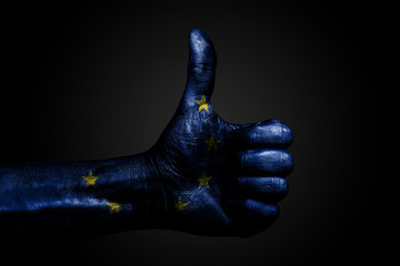 A hand with a drawn EU flag shows a finger up sign, a symbol of success, readiness, a task done on...