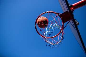 Basketball ball on hoop,pointing concept