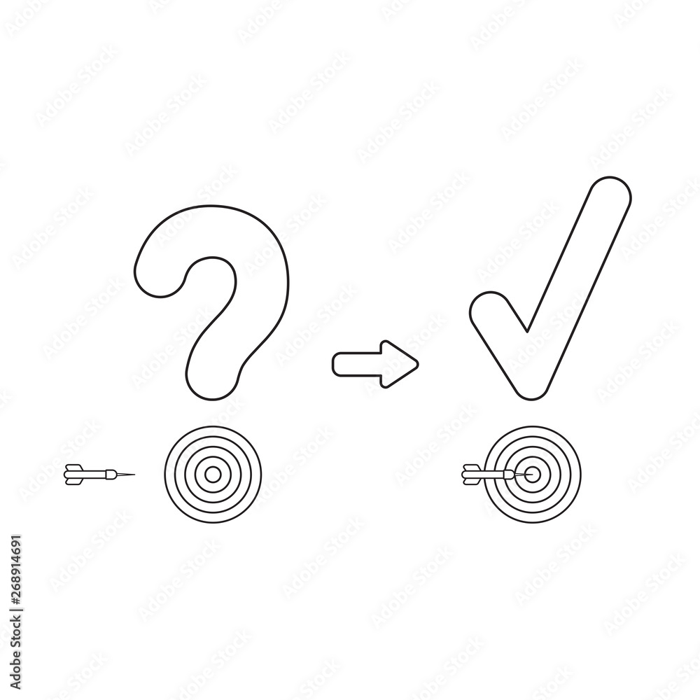 Poster vector icon concept of question mark and check mark with bulls eye and dart in the center.