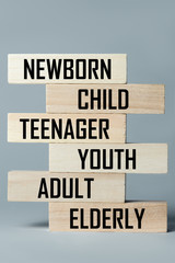 A list of wooden blocks lying on top of each other with a list of the stages of adulthood in English. Vertical frame