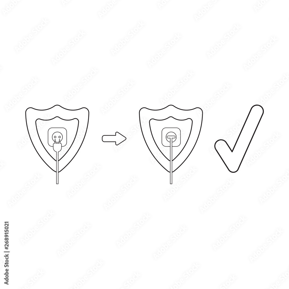 Aufkleber vector icon concept of shield with outlet and plug plugged into outlet with check mark.