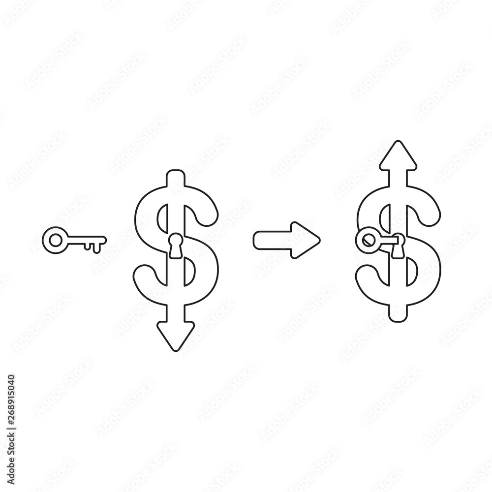 Poster vector icon concept of dollar arrow down with keyhole and key unlock and up.