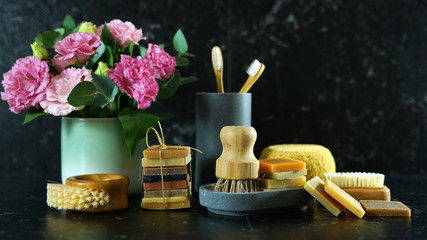 Zero-waste, plastic-free household concept, with reusable bathroom and toiletries products for...