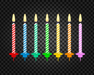 Candles with burning flames of wax paraffin. Birthday cake candles. Vector stock illustration.