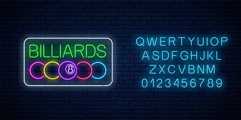 Glowing neon signboard of bar with billiards with alphabet. Billiard balls with text in rectangle frame.