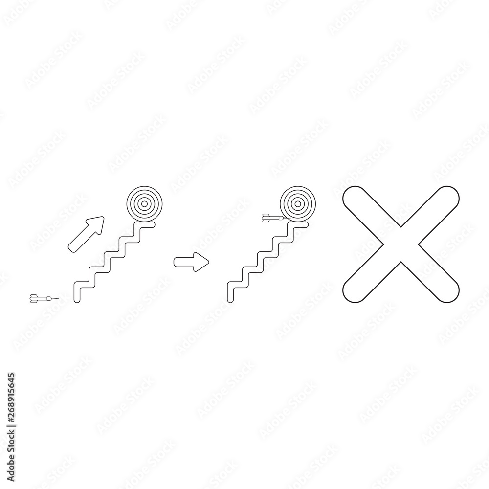 Poster vector icon concept of bulls eye at top of stairs and dart miss the target with x mark.