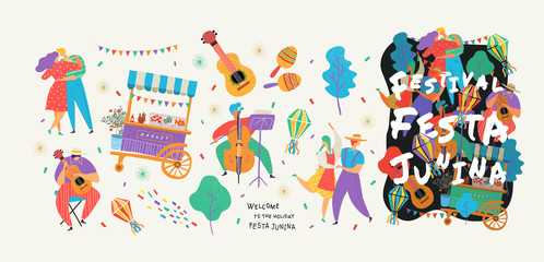 Festa Junina,Set of vector illustrations for poster, abstract banner, background or card for the brazilian holiday, festival, party and event, drawings of dancing cheerful people, musicians and shop - obrazy, fototapety, plakaty