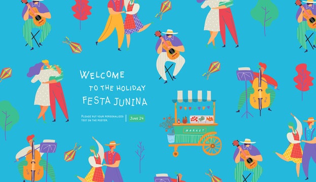 Festa Junina, Vector illustrations for poster, abstract banner, background or card for the brazilian holiday, festival, party and event, drawings of dancing cheerful people, musicians and market