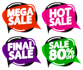 Set Sale speech bubble banners, discount 80% off, promotion tags design template, app icons, vector illustration