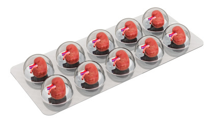 Medicines for kidney disease, concept. 3D rendering