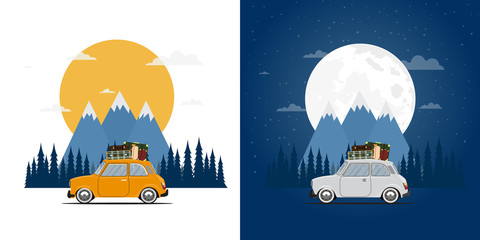 Travel by car. Road trip. Time to travel, tourism, summer holiday, day and night. Flat design vector illustration
