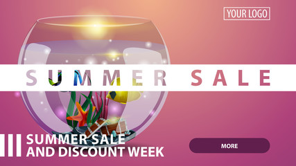 Summer sale, creative pink discount web banner for your website with round aquarium with fish