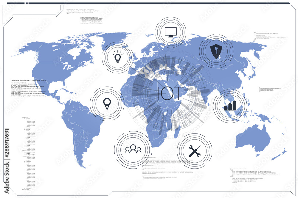 Poster internet of things (iot), devices and connectivity concepts on a network, cloud at center. digital c