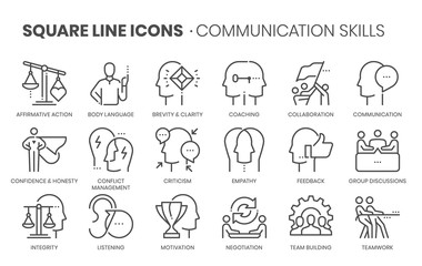 Communication skills related, square line vector icon set for applications and website development. The icon set is pixelperfect with 64x64 grid. Crafted with precision and eye for quality.