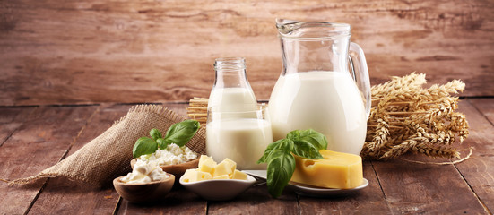 milk products - tasty healthy dairy products and milk jar and cheese