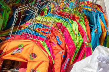Fototapeta premium Close up of many folded painted paper lanterns after the festival to celebrate the birthday of Buddha in South Korea. Guinsa Temple, Danyang, South Korea.