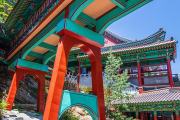 Detail view on Buildings inside korean Buddhist Temple complex Guinsa. Guinsa, Danyang Region, South Korea, Asia.