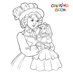 Beautiful girl holding a doll on hands. outlined picture for coloring book on white background