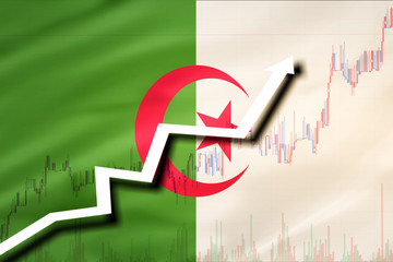 White arrow and stocks chart growth up on the background of the flag of Algeria