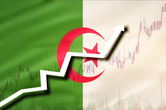 White arrow and stocks chart growth up on the background of the flag of Algeria