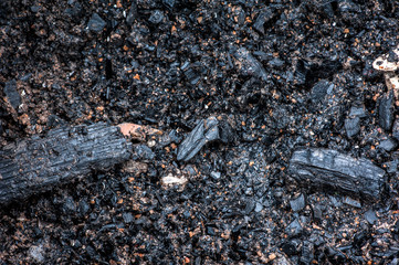 Natural fire ashes with dark grey black coals texture.