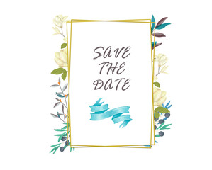 Wedding Invitation, floral invite card, olive floral and magnolia geometric golden frame print. White background. Gold horizontal frame