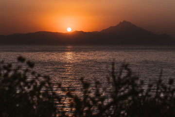 Landscape photo of sunset in Sithonia, Greece. Beautiful summer scenery.
