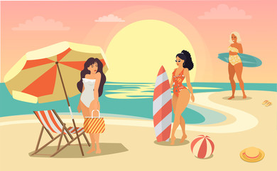 Vector cartoon girls in swimsuits, beach season
