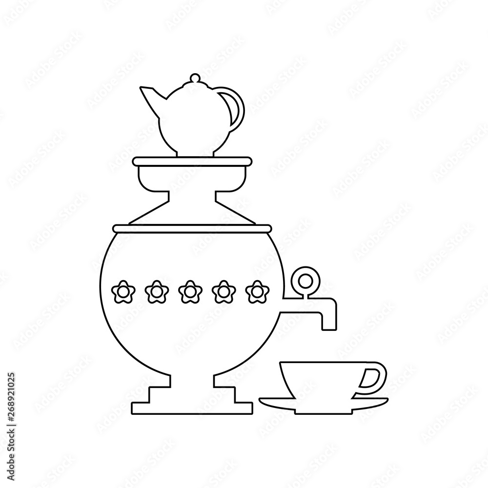 Poster samovar with a cup of tea icon. element of russia for mobile concept and web apps icon. outline, thi