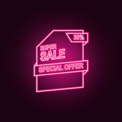 special offer 30 of discounts neon icon. Elements of Sale set. Simple icon for websites, web design, mobile app, info graphics
