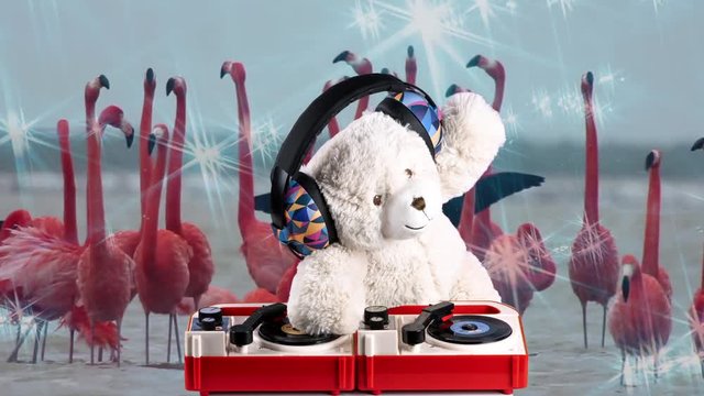teddy bear dj disco party music child flamingoes