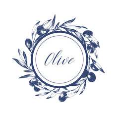 Round label in wreath of black olive tree branches. Hand drawn vector illustration. Package design.