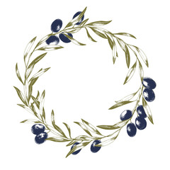 Round wreath of black olive tree branches. Hand drawn vector illustration. Package design.