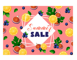 Summer sale banner with fruits and berries lemon, figs, blueberries, leaves, frame and text on pink.