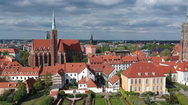 The aerial view of Wroclaw: Ostrow Tumski, Cathedral of St. John the Baptist and Collegiate Church of the Holy Cross and St. Bartholomew