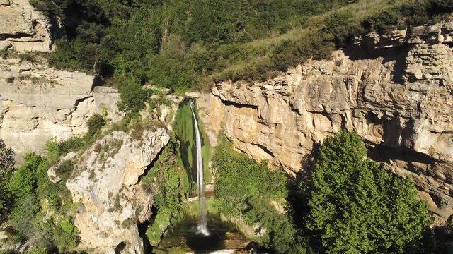 Sant Miquel de Fai. Natural Park with waterfalls and monastery in Barcelona. Catalonia,Spain. 4k Drone Video