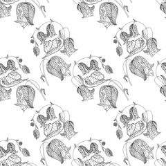 Bellflower snail monochrome doodle seamless pattern. Design elements stock vector illustration for web, for print, for children fabric print, coloring page