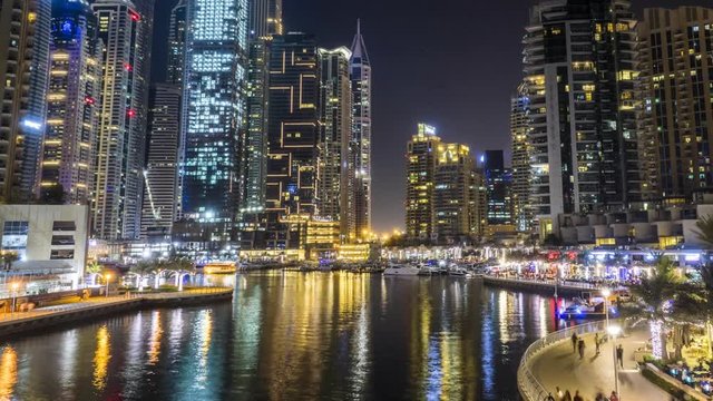 Dubai Marina at night. Beautiful timelapse showing the wealth and spleandour of the rich city.