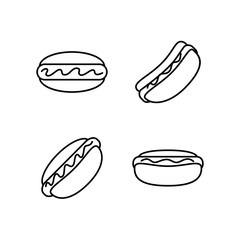 Black and white hot dog icon set. Sausage doughnut. Fast food logo.
