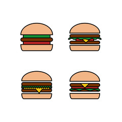 Fast food icon set. Burger, hamburger or cheeseburger logo.