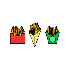 French fries icon set. Potatoes in carton package box. Fast food logo.